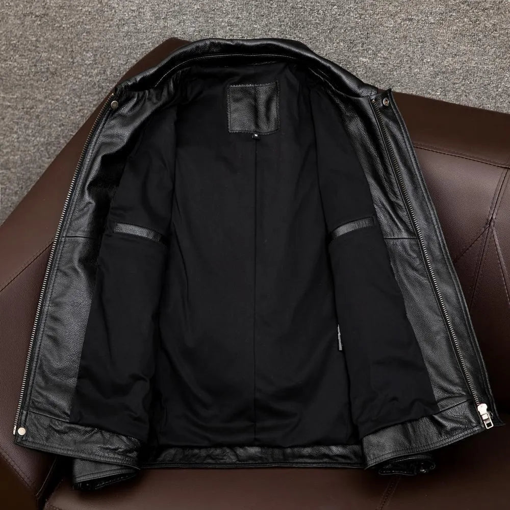 Men's black plus size loose fit PU leather jacket with lapel collar and side pockets.