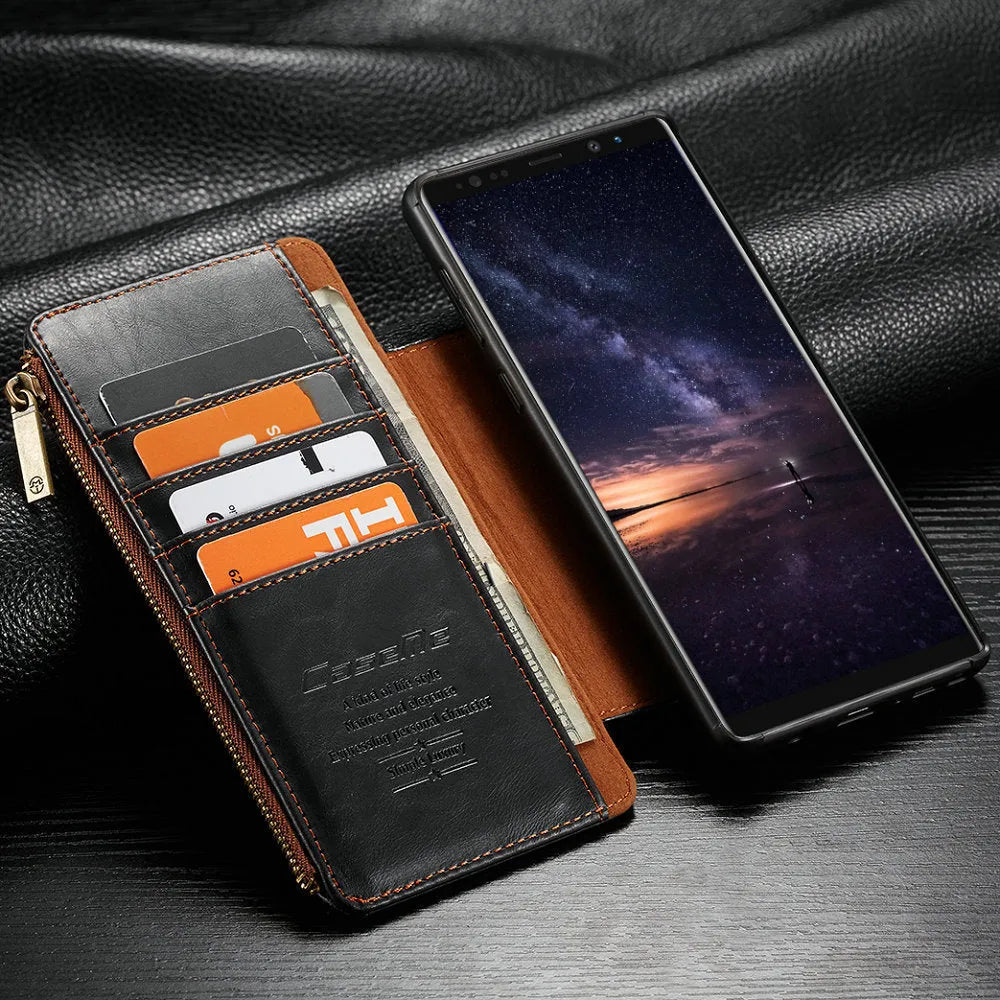 Black PU leather flip phone case for Samsung Galaxy Note9 showing card slots and magnetic closure.
