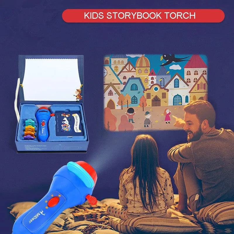 SmartKids handheld story projector torch with clip-on discs projecting fairy tale images on a wall.
