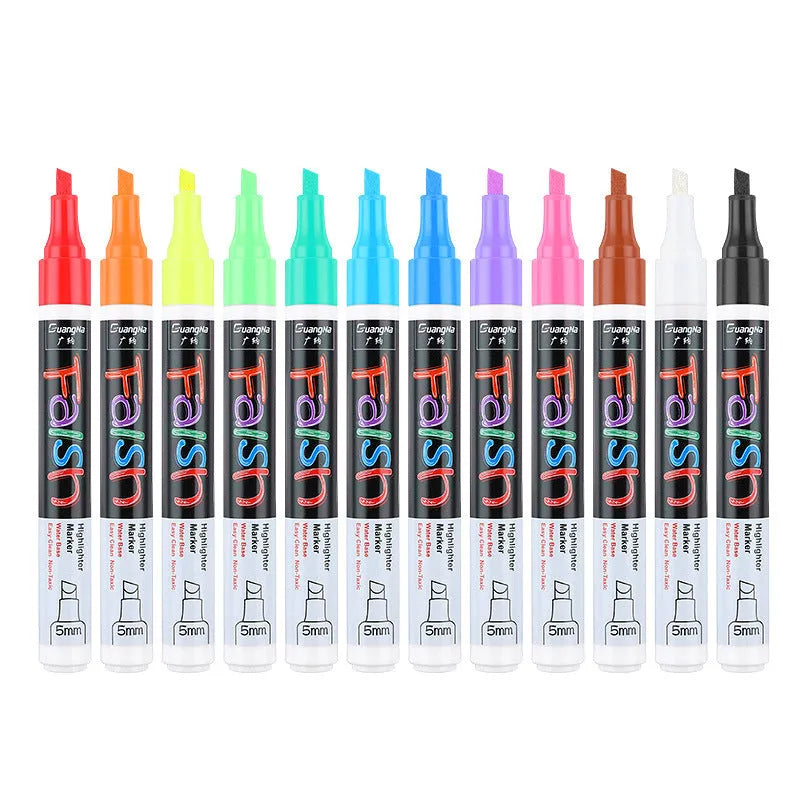 Electronic fluorescent board highlighter with plastic body and 6mm oblique tip, shown with multicolour refill set on card packaging.