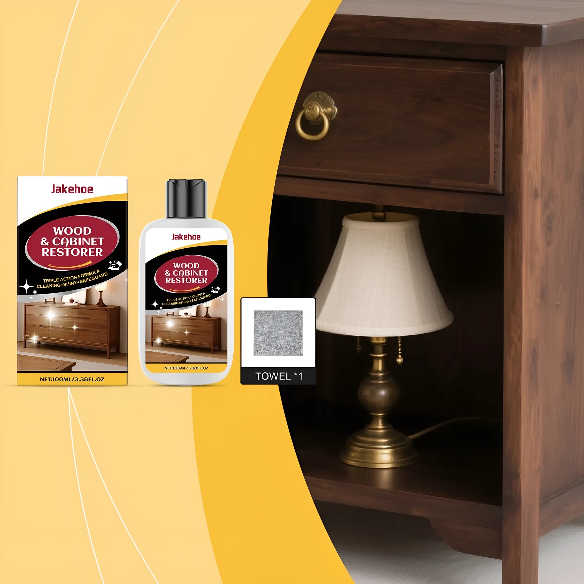 100ml wooden furniture scratch care agent bottle and white microfiber towel on a wooden table.