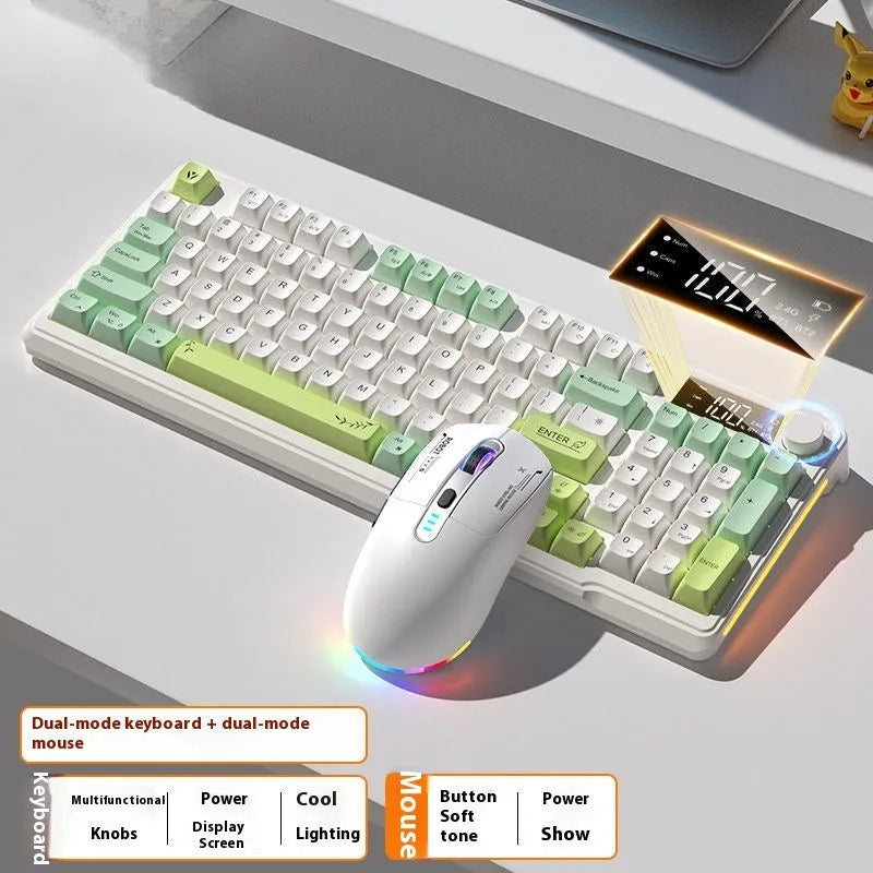 Blue and white wireless mechanical-feel keyboard and mouse set on a wooden desk