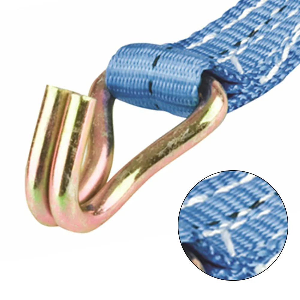 Steel ratchet tensioner fastening strap with double triangular hooks and polyester webbing