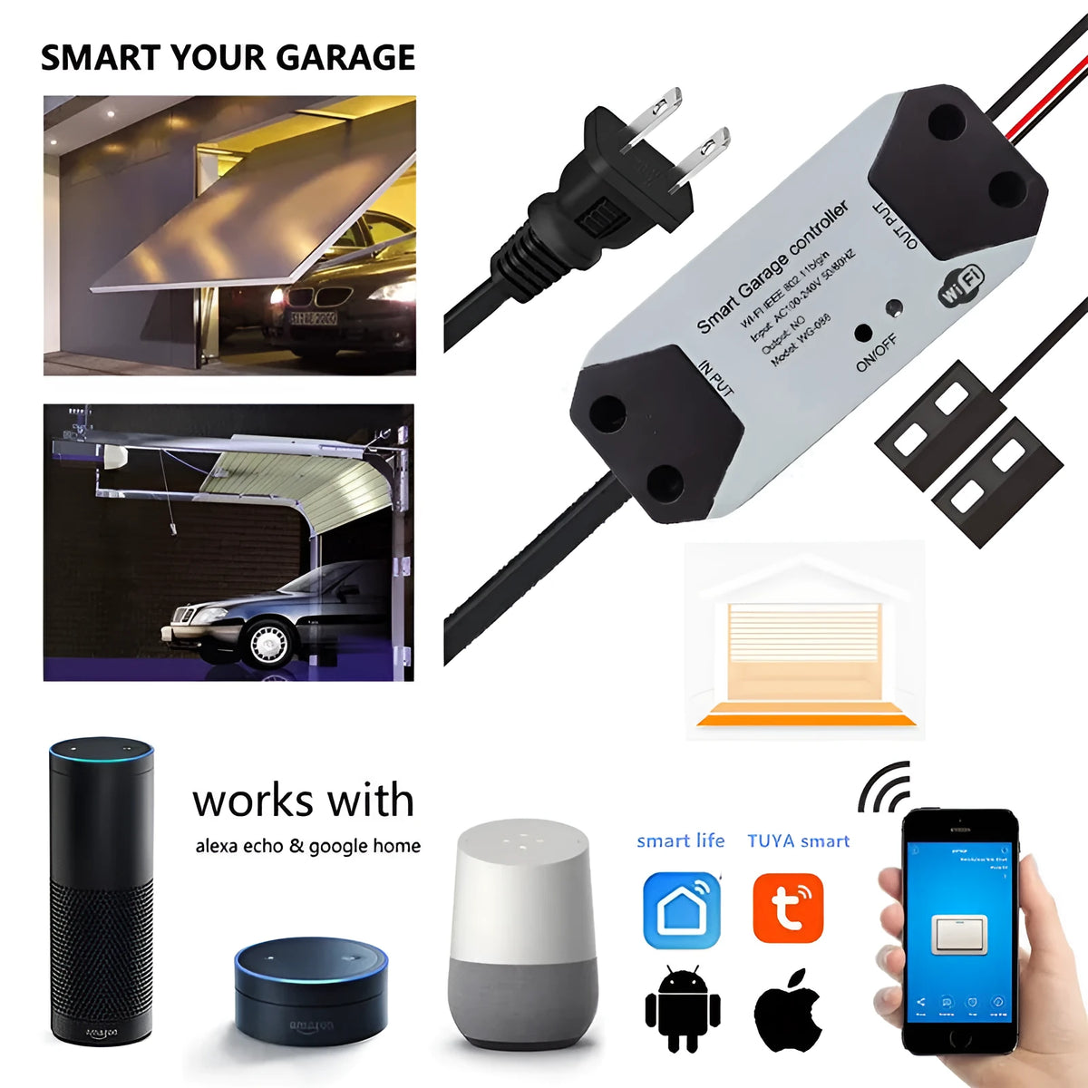WiFi garage door controller with app control, voice command, and timer function, model AU/EU/US/UK.