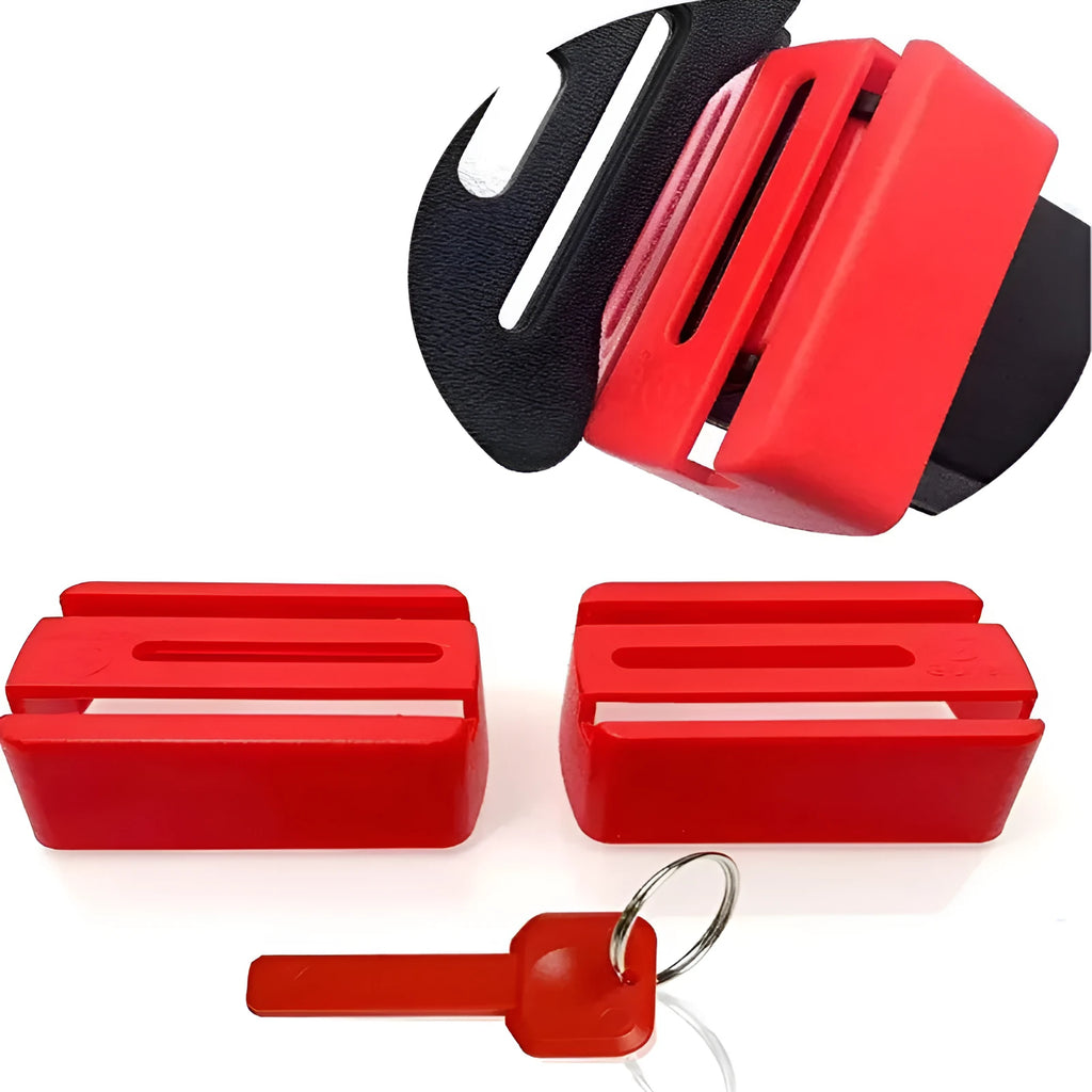 Black plastic seat belt lock catch protective device installed on automotive seat belt buckle