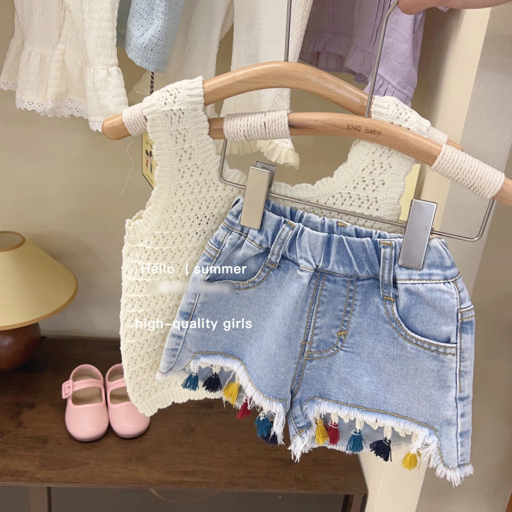 Baby girl hollow strap cotton vest and pants set in solid colour beige, pullover Korean style