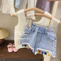 Baby girl hollow strap cotton vest and pants set in solid colour beige, pullover Korean style
