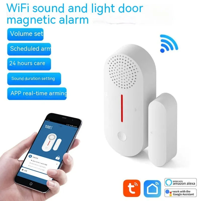 WiFi door magnetic sensor alarm unit with wireless connectivity for smart home security systems