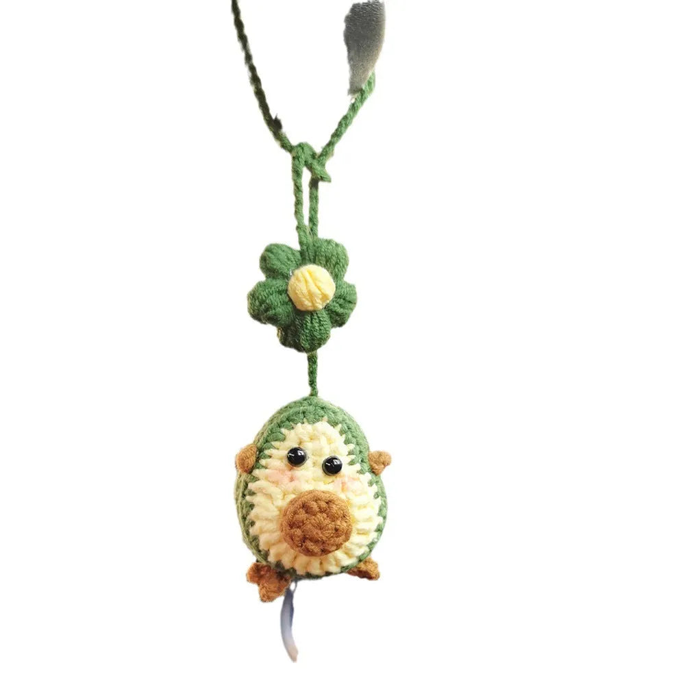 Handmade crocheted wool car pendant with rainbow flower pattern and cartoon avocado design in three colour options