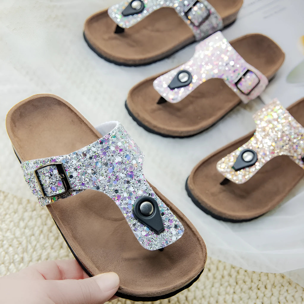 Cork flip-flops with frosted design in gold, pink or silver colours with non-slip PVC soles