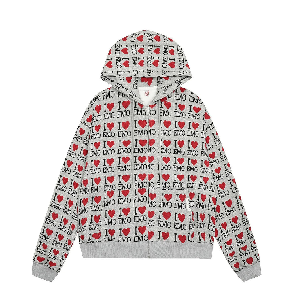 Women's grey retro patterned hooded cotton cardigan on a hanger