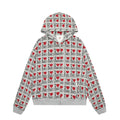 Women's grey retro patterned hooded cotton cardigan on a hanger