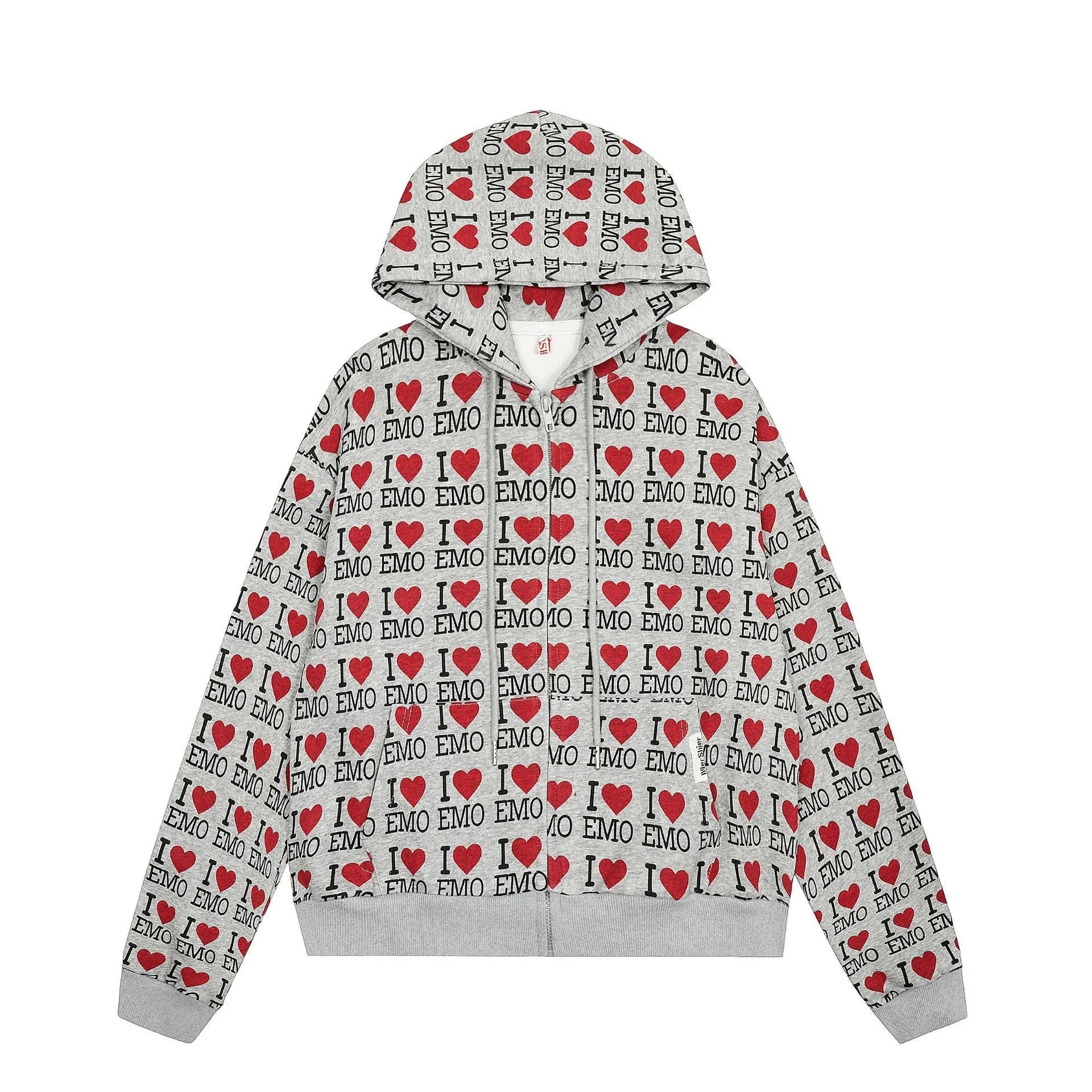 Women's grey retro patterned hooded cotton cardigan on a hanger