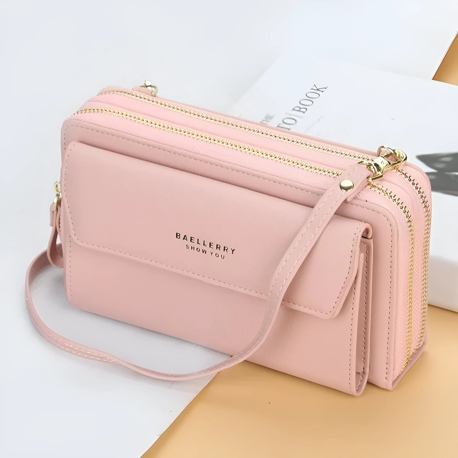 Soft PU leather ladies long wallet with double zipper and cross-body strap in multiple colour options