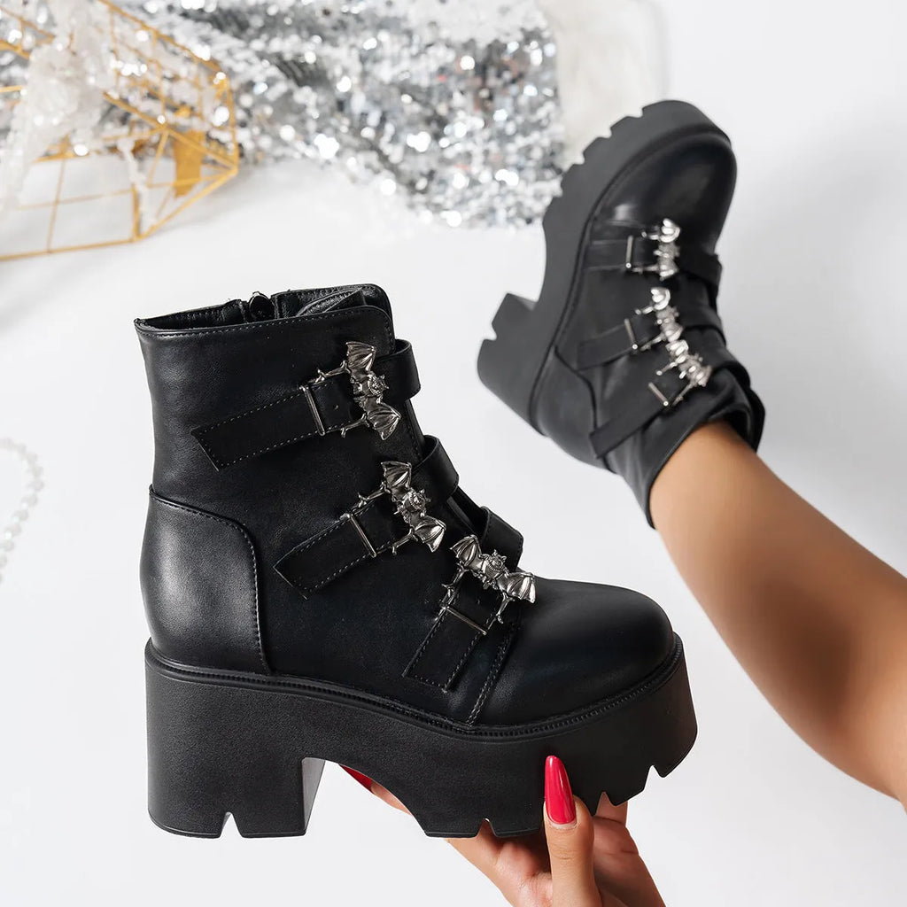 Black women's ankle boots with mid heel, side zip, thick sole, and belt buckle decoration, sizes 35-42