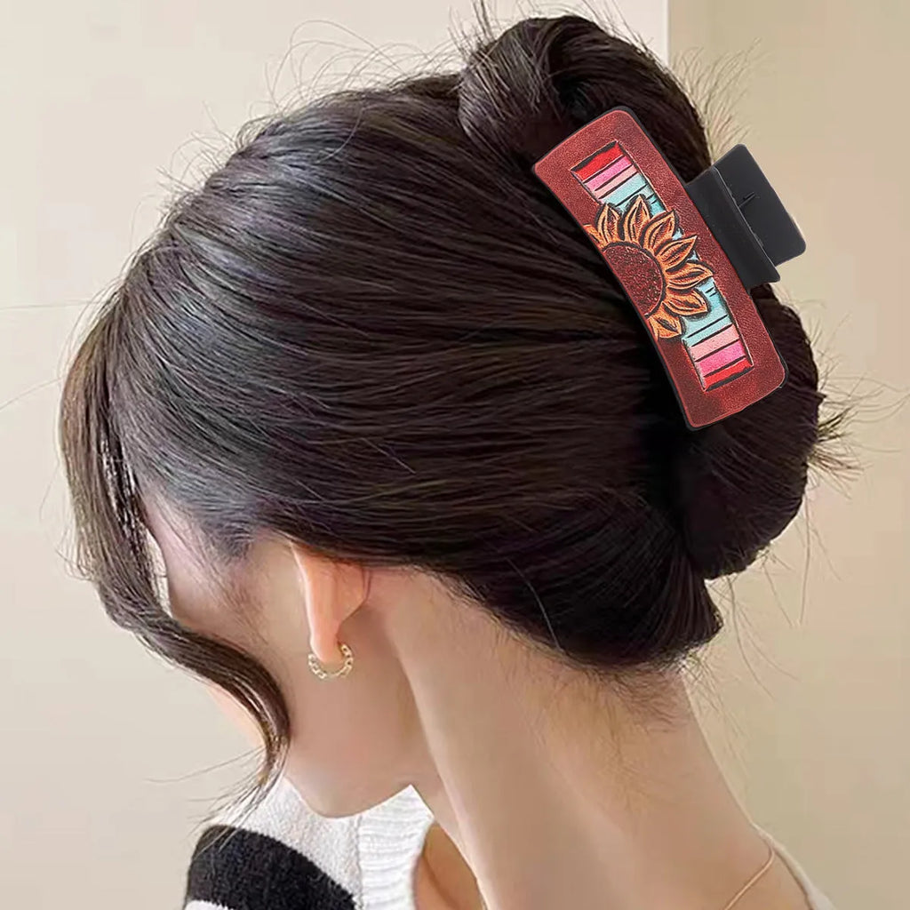 Gray artificial leather barrette with sunflower motif and denim style finish for ladies