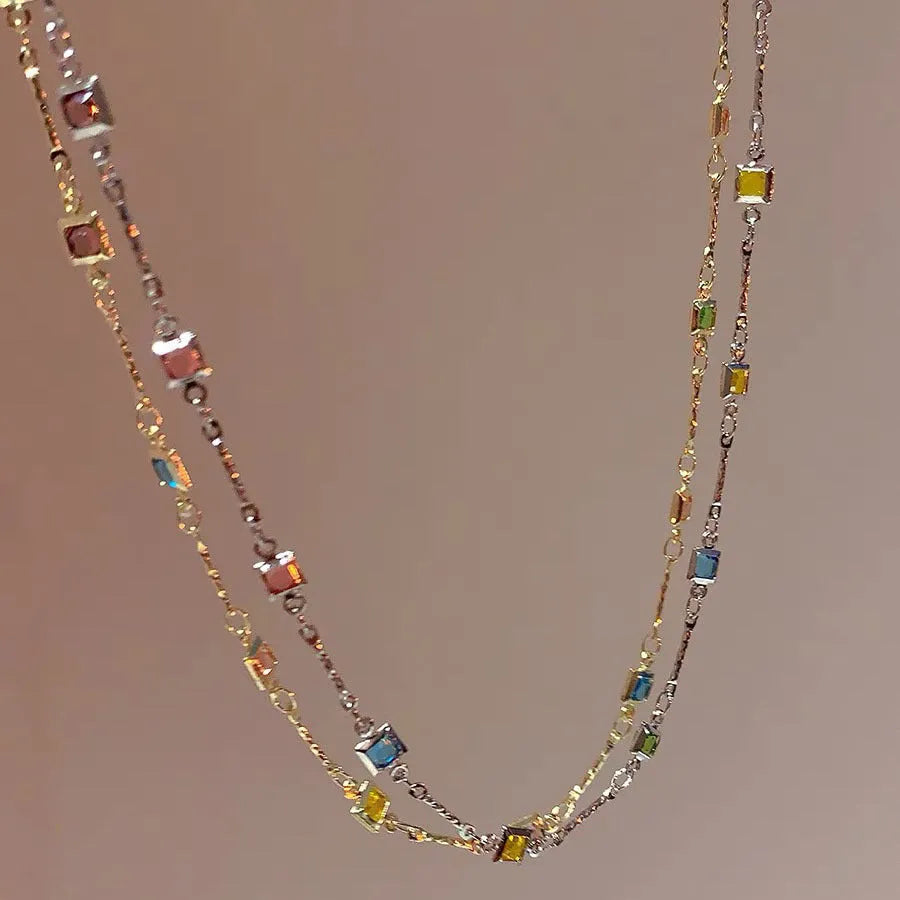 Square colour geometric clavicle chain necklace with quadrilateral artificial crystal pendant in gold alloy finish