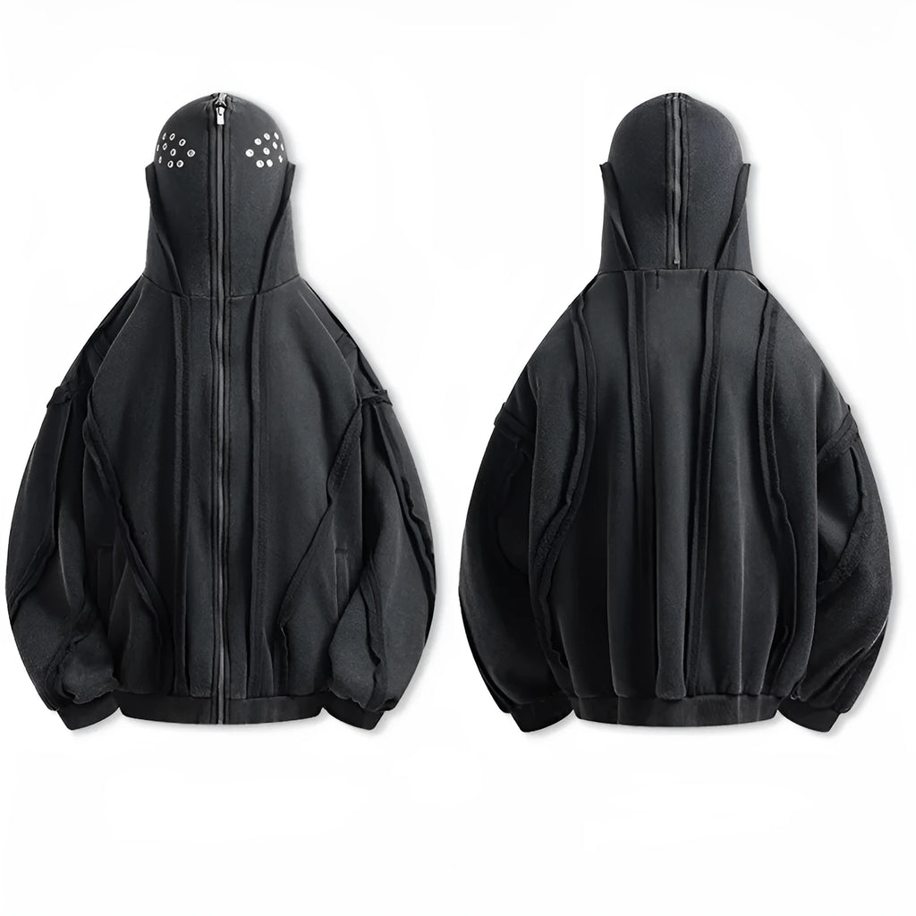Black men's loose-fitting padded hooded coat with an abstract pattern and a zip front.