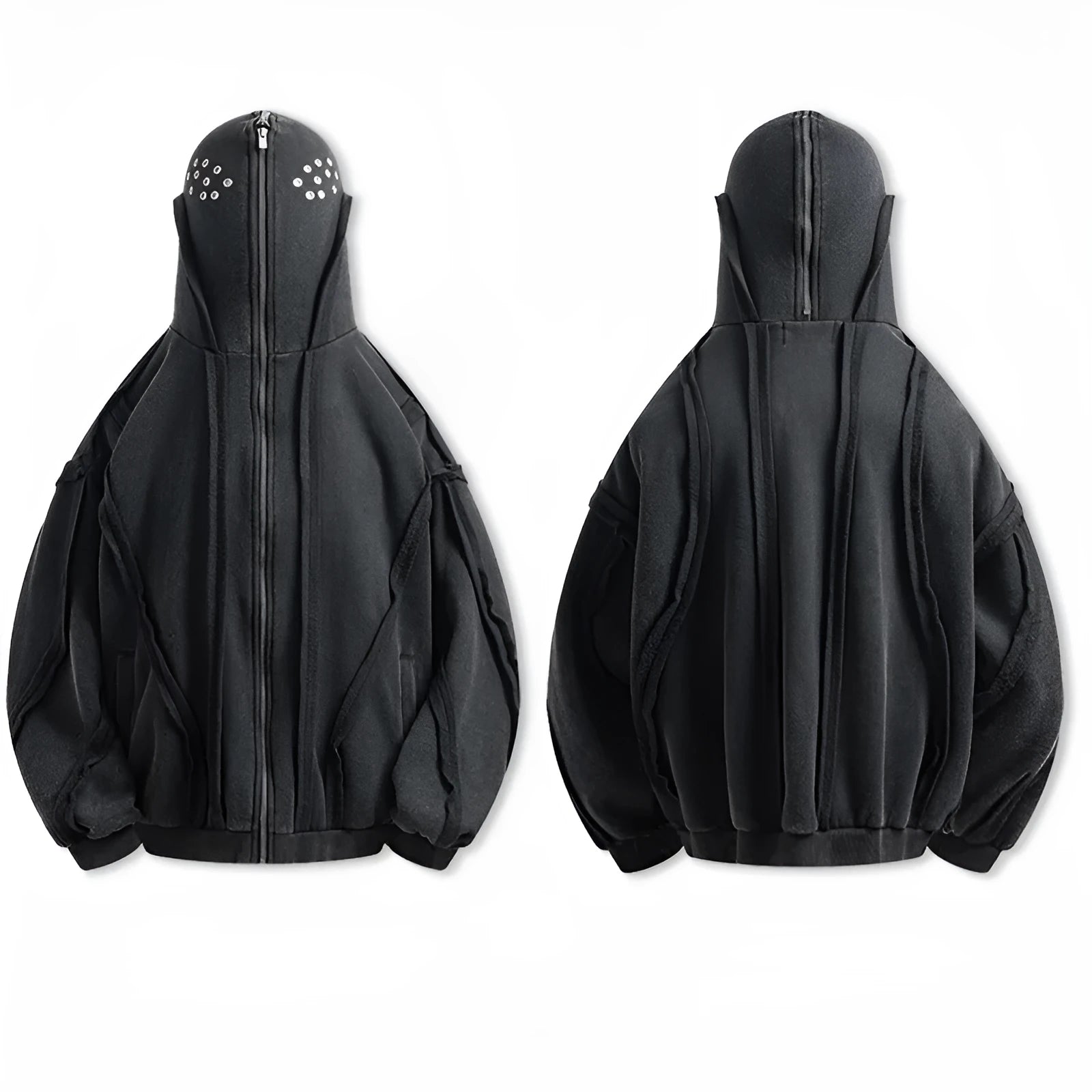 Black men's loose-fitting padded hooded coat with an abstract pattern and a zip front.