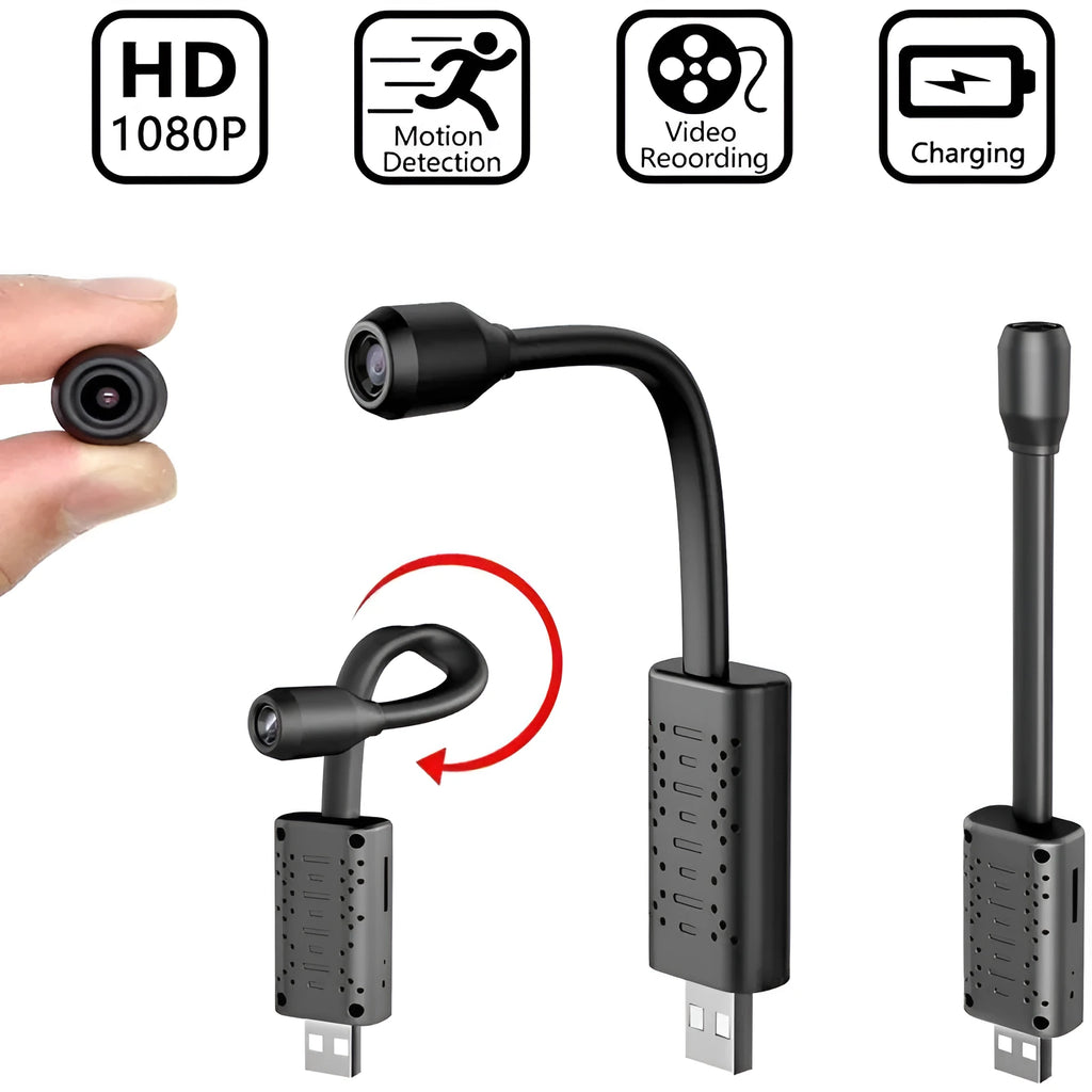 Black V380 wireless USB HD camera for computer security monitoring on a desk.