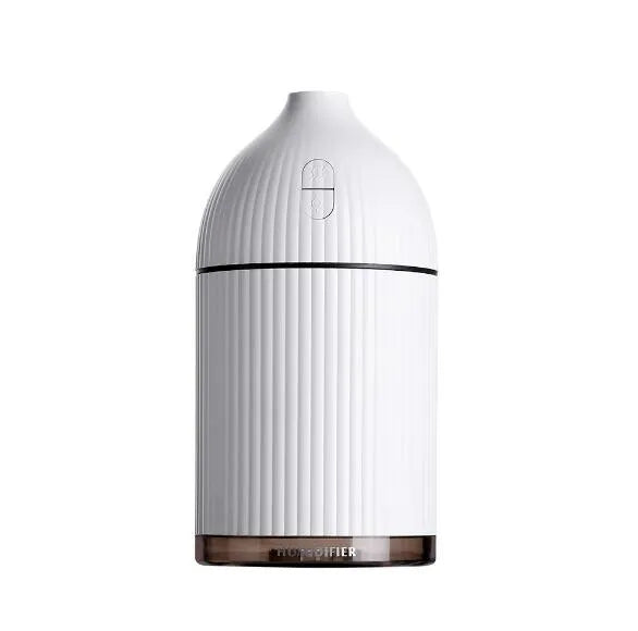 White ultrasonic aromatherapy diffuser and humidifier with LED light, 300ml capacity, 80mm diameter
