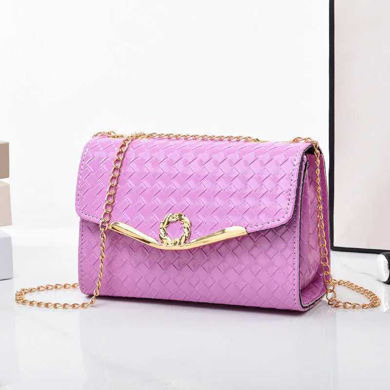 Women's PU chain shoulder messenger bag, solid colour, clamshell opening, with weave detail, available in black pink purple white
