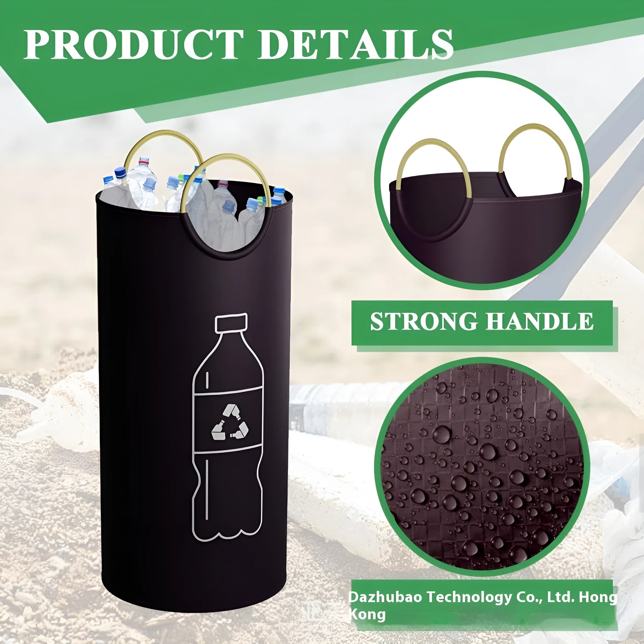Round portable PP plastic trash can with removable bag, 38cm diameter by 72cm high.