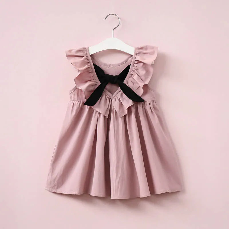 Children's sleeveless one-piece dress in cotton and rabbit fur, pink colour, lotus leaf skirt style for summer