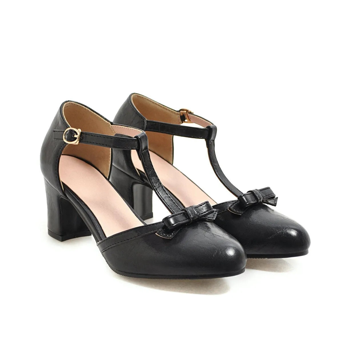 Women's chunky heel sandals with bow detail and buckle strap in solid colour.