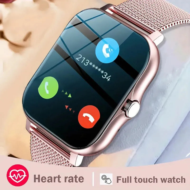 Smart watch with a 1.44-inch colour touch screen and a black silicone strap on a wrist.