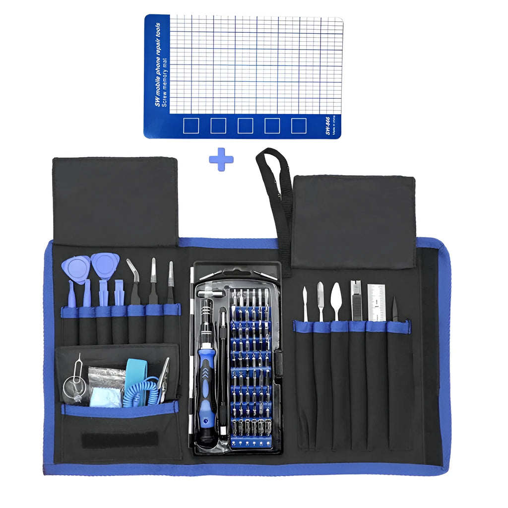 80 in 1 screwdriver set with 65 chrome vanadium steel bits, magnetised handle, extensions, tweezers, and prying tools