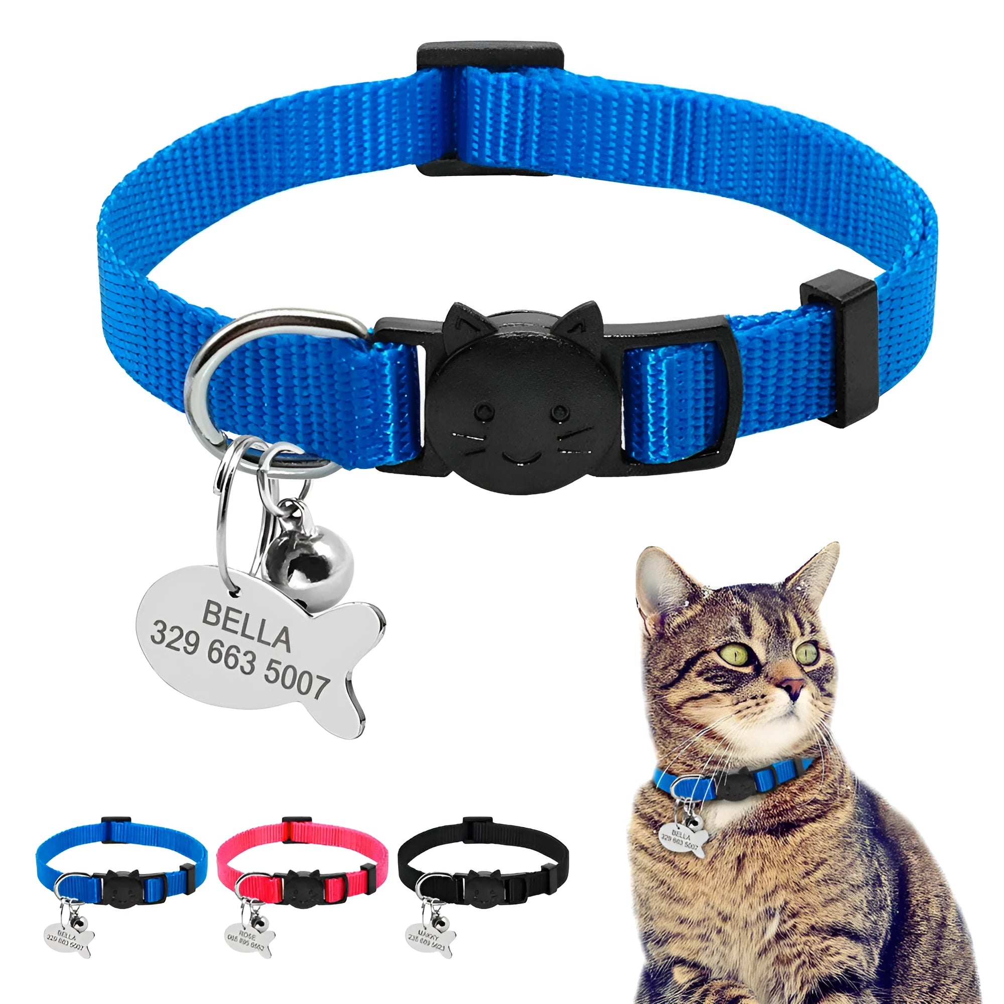 Personalised safety breakaway nylon cat collar with ID tag and bell in black blue and pink