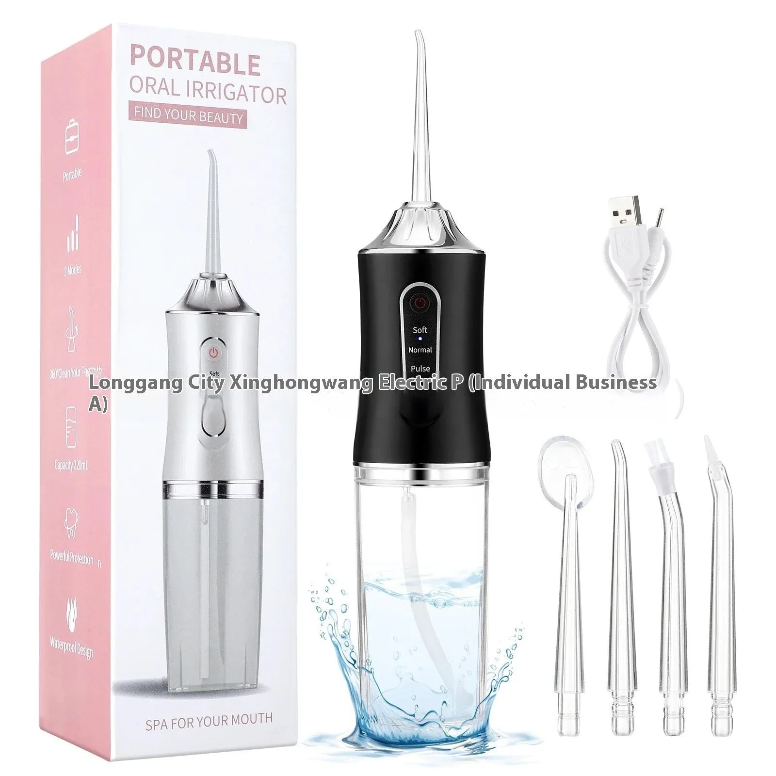 Pink electric water flosser with nozzle and water tank on a bathroom surface