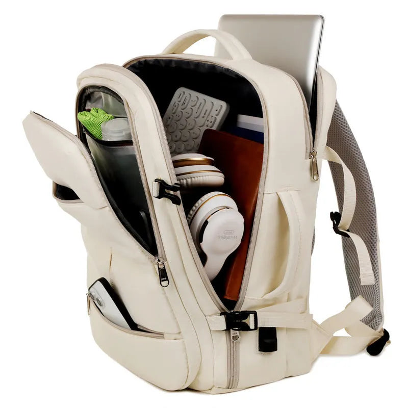 Large waterproof oxford backpack with multiple pockets open to show 15.6-inch laptop compartment