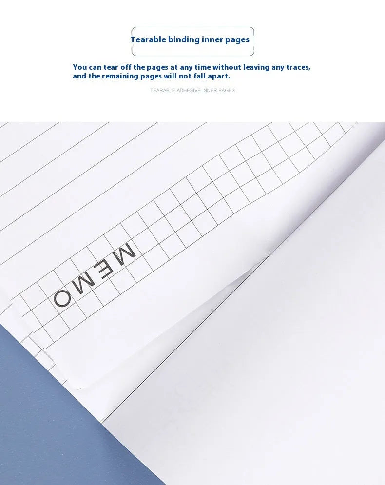 A4 tearable notebook with grid-lined paper and adhesive binding, shown in A4 and A5 sizes