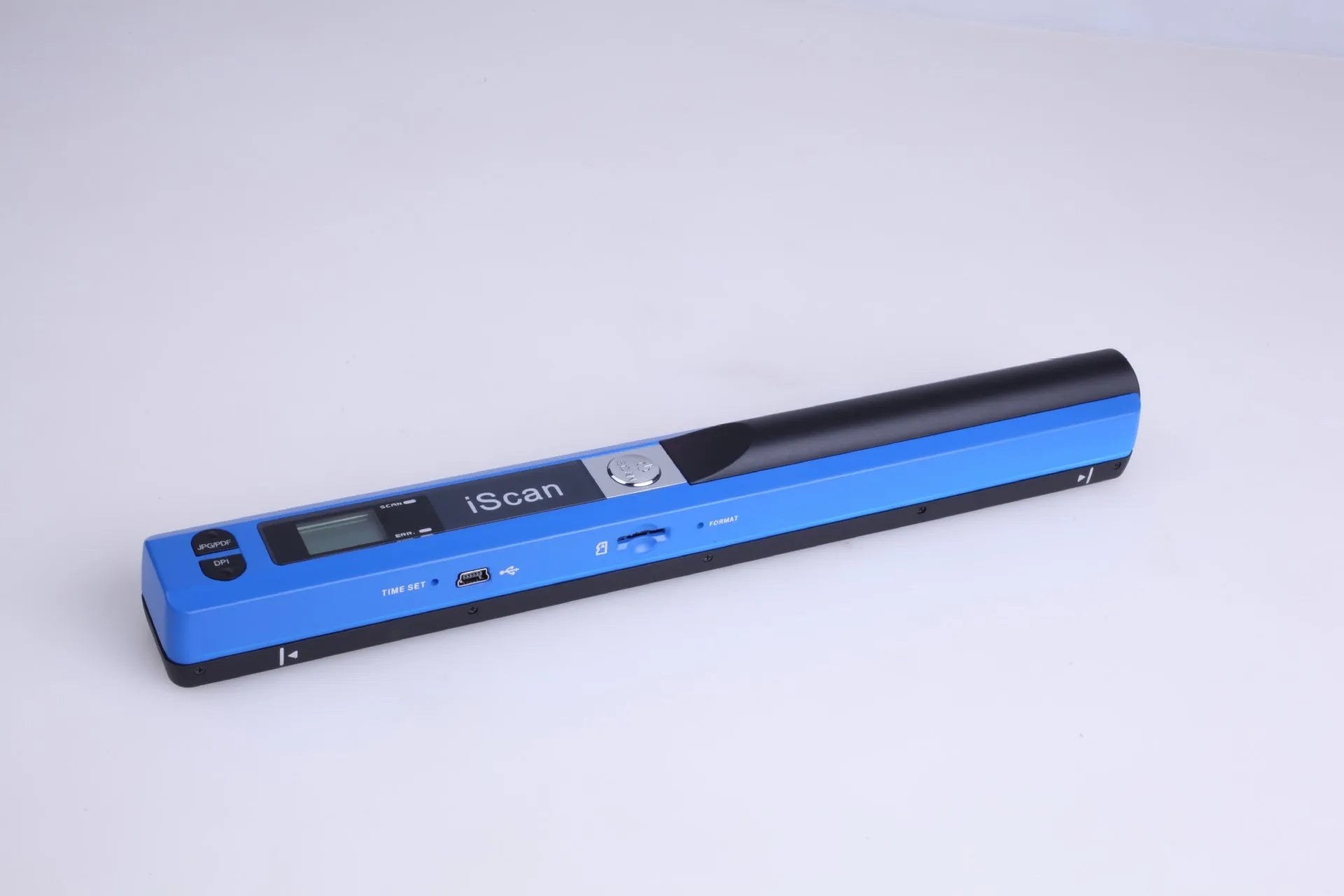Handheld USB barcode scanner in choice of five colours: black, blue, green, red, silver.