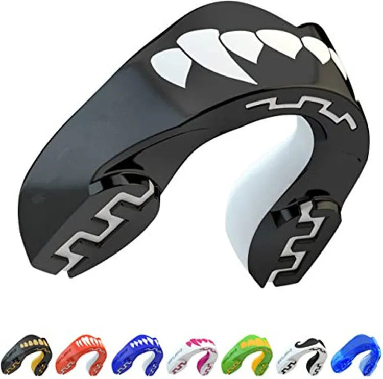 Adult boxing mouthguard with printed teeth design and elastic straps for martial arts protection