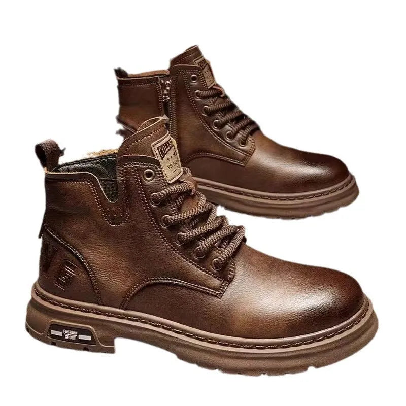 Men's retro British style ankle boots in black or brown with round toe and artificial PU upper, sizes 39-44