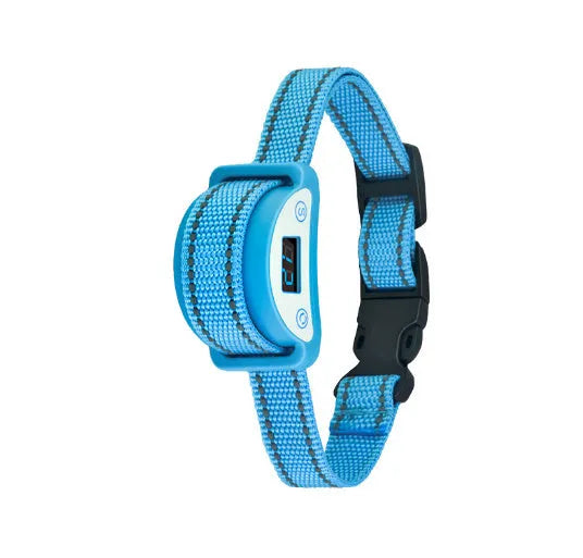 Sky blue ABS anti-cat bark stopper waterproof collar with charging cable and manual, model PC558