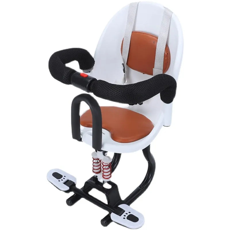 High carbon steel front seat bracket for child on battery scooter, shown in black, red, or white.