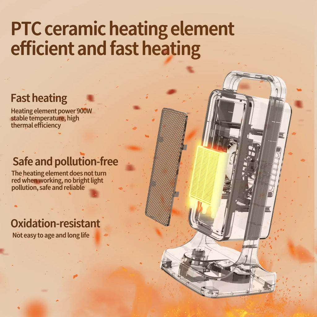 Black PTC ceramic desktop air heater with control knob on a wooden table.