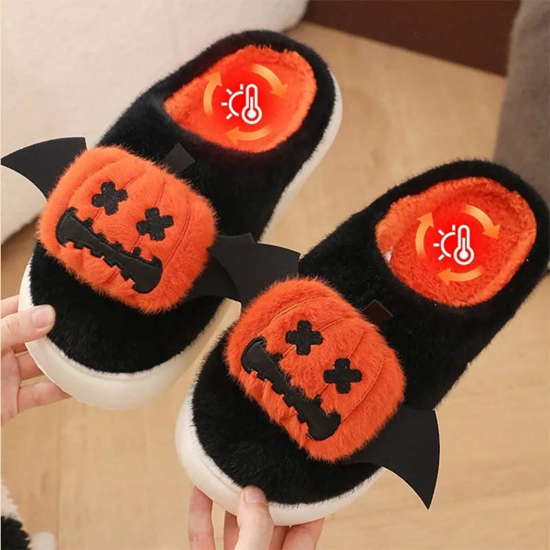 Halloween cartoon pumpkin slippers with small wings, black, non-slip indoor cotton slippers unisex baotou round toe
