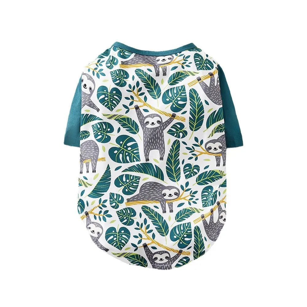 Small dog wearing a solid colour polyester t-shirt, showing the casual fit and full print design.