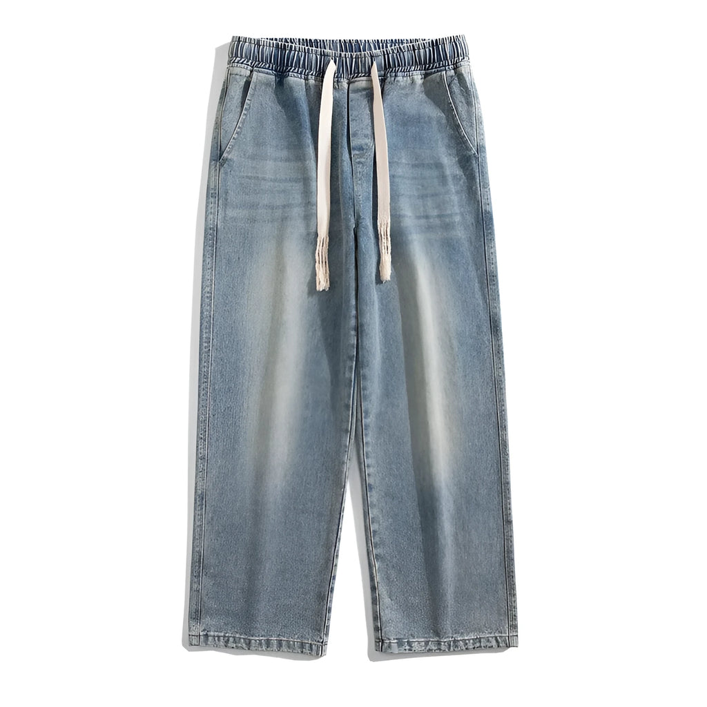 Blue Hong Kong style retro heavy wash distressed loose jeans with fleece lining and ankle banded cuffs