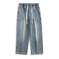Blue Hong Kong style retro heavy wash distressed loose jeans with fleece lining and ankle banded cuffs
