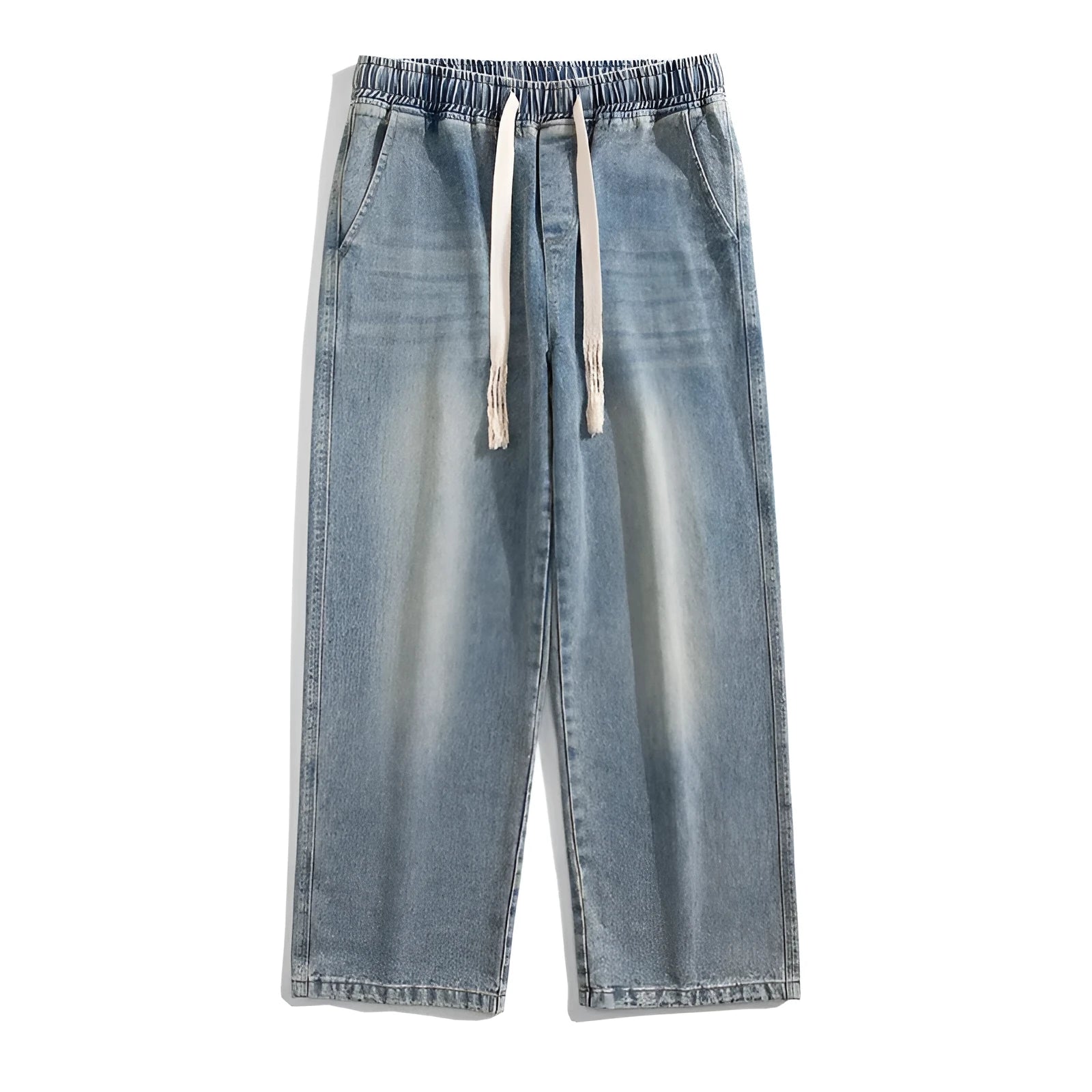 Blue Hong Kong style retro heavy wash distressed loose jeans with fleece lining and ankle banded cuffs