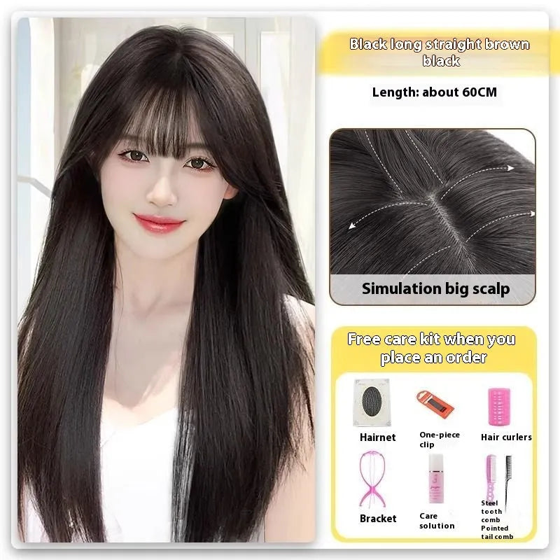 Black long straight full-head synthetic wig with lace front and side bangs.