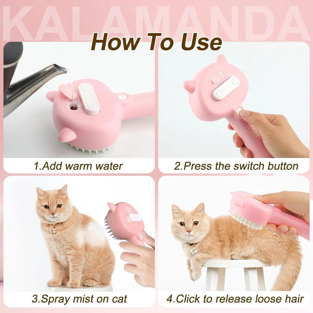 Blue cat steam brush with cat ear design and rubber bristles for pet grooming