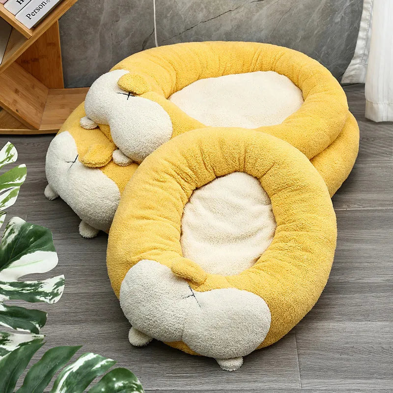 Corgi-shaped soft plush pet bed for dogs and cats, shown in three available sizes.