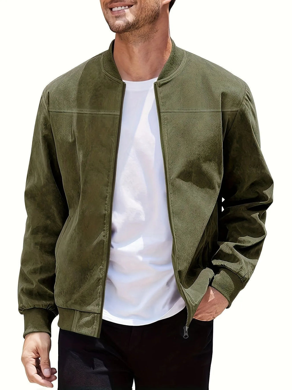 Man wearing a khaki suede casual zipper jacket with a regular fit.